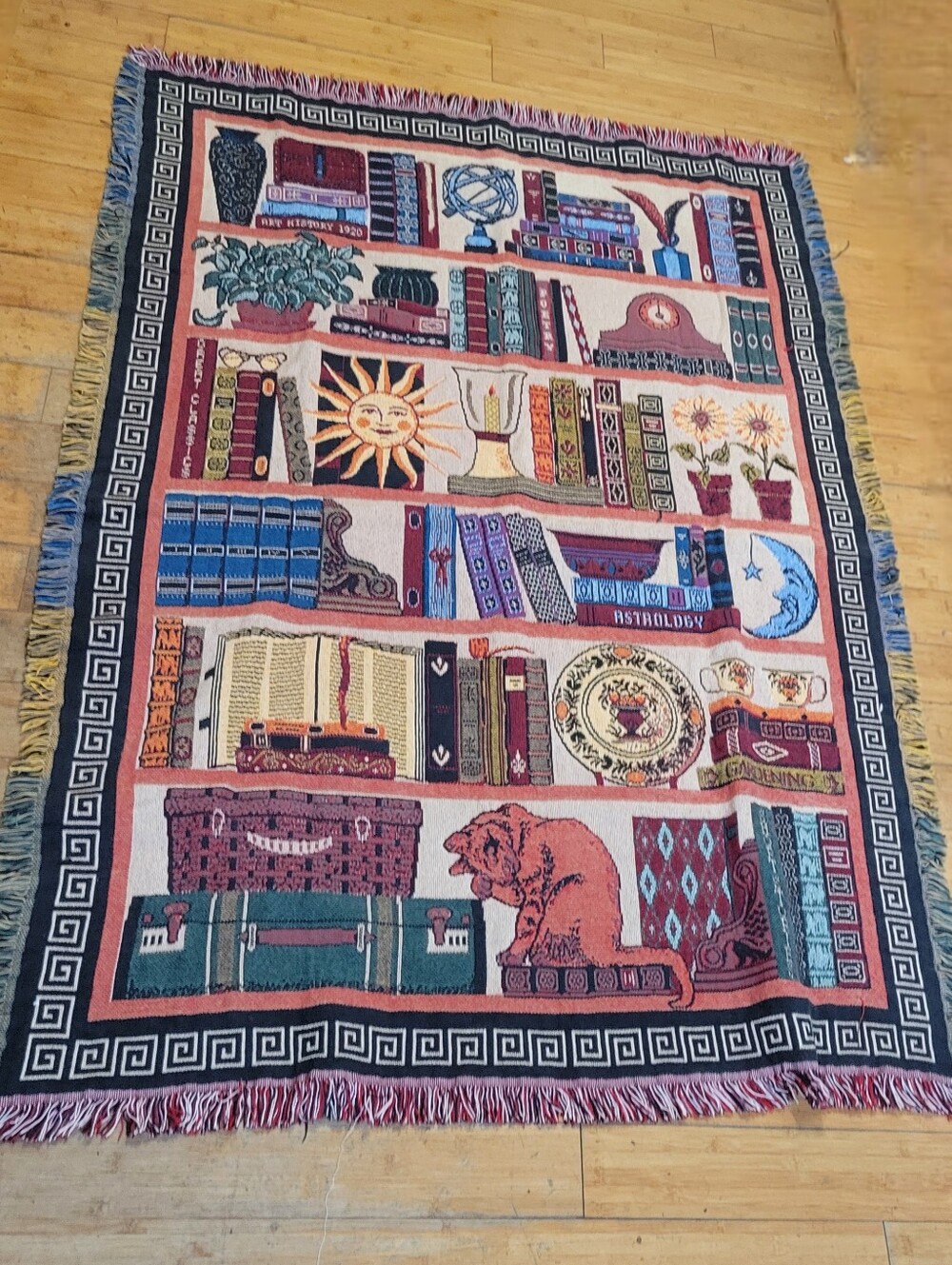Vtg Goodwin Weavers Cat in Library Bookshelf Astrology Woven Tapestry Throw.